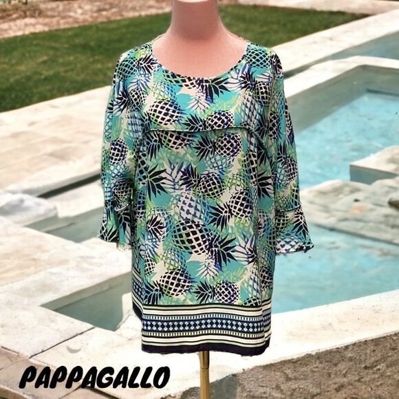 PAPPAGALLO WOMENS THE ASHLYN TOP BLOUSE PINEAPPLE PRINT BELL SLEEVES EXTRA LARGE - Picture 1 of 8